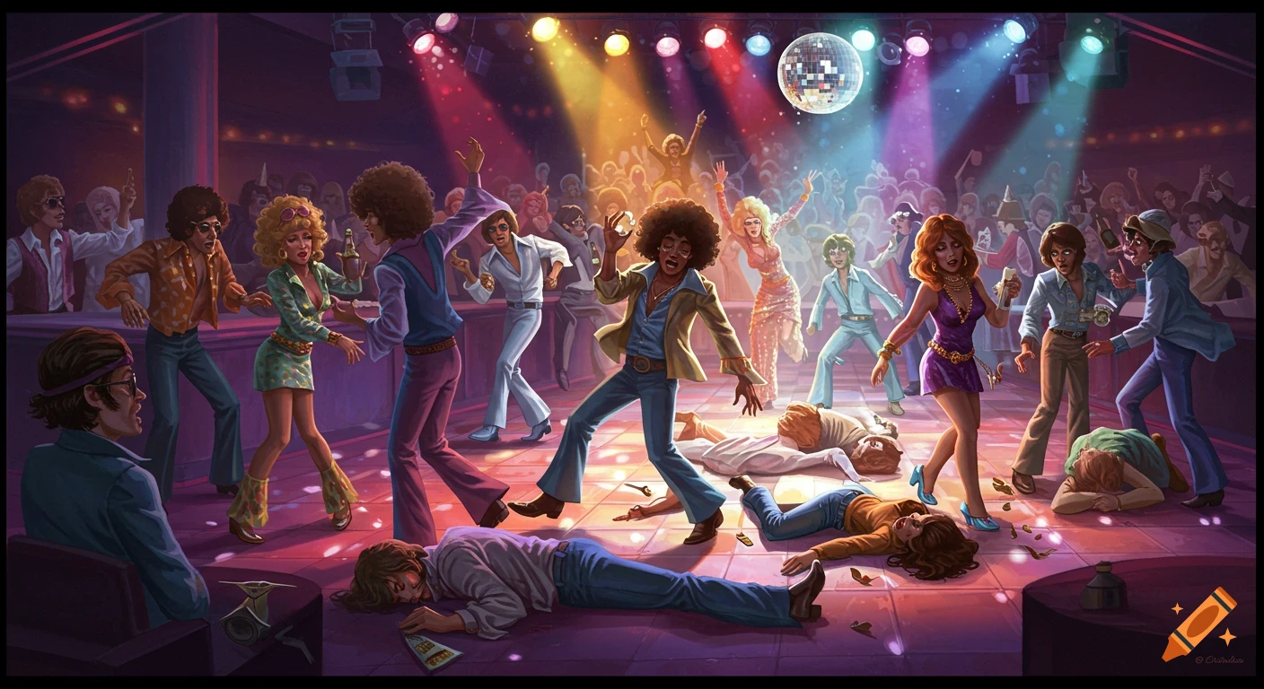 Illustration of a chaotic 1970s disco party with dancers and several people passed out on the floor.