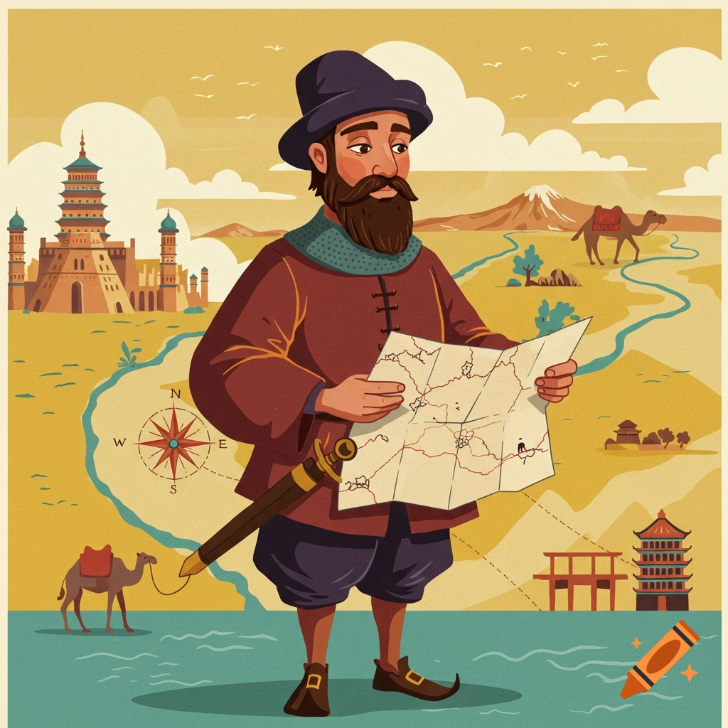 Illustration of a historical explorer with a map, with a city, mountains, and camels in the background.
