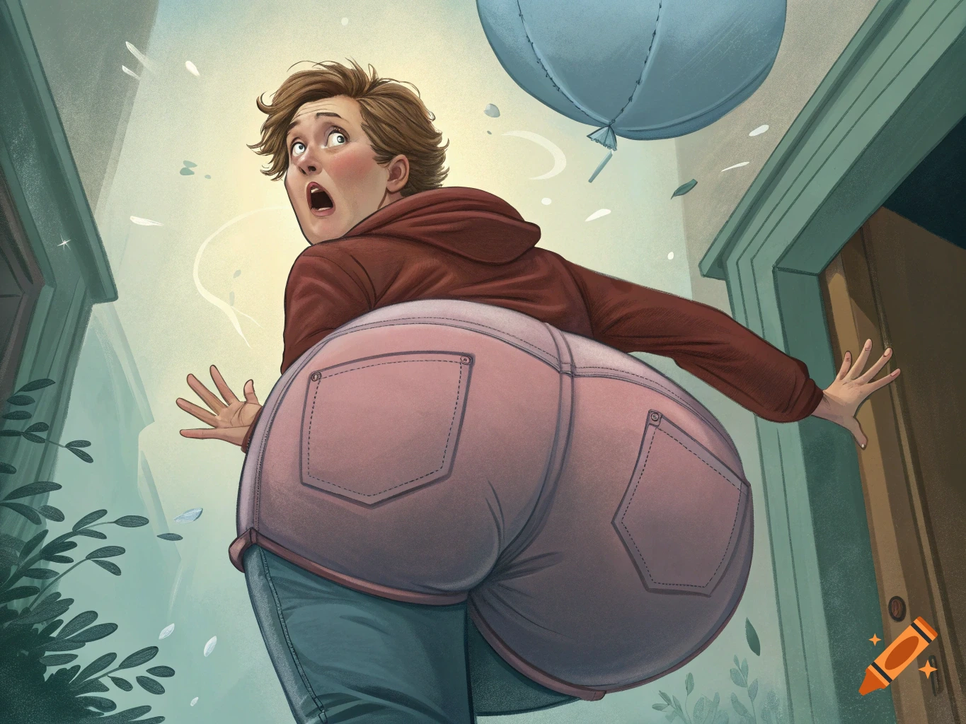 Illustration of a person looking surprised with a very large, detached-looking butt.
