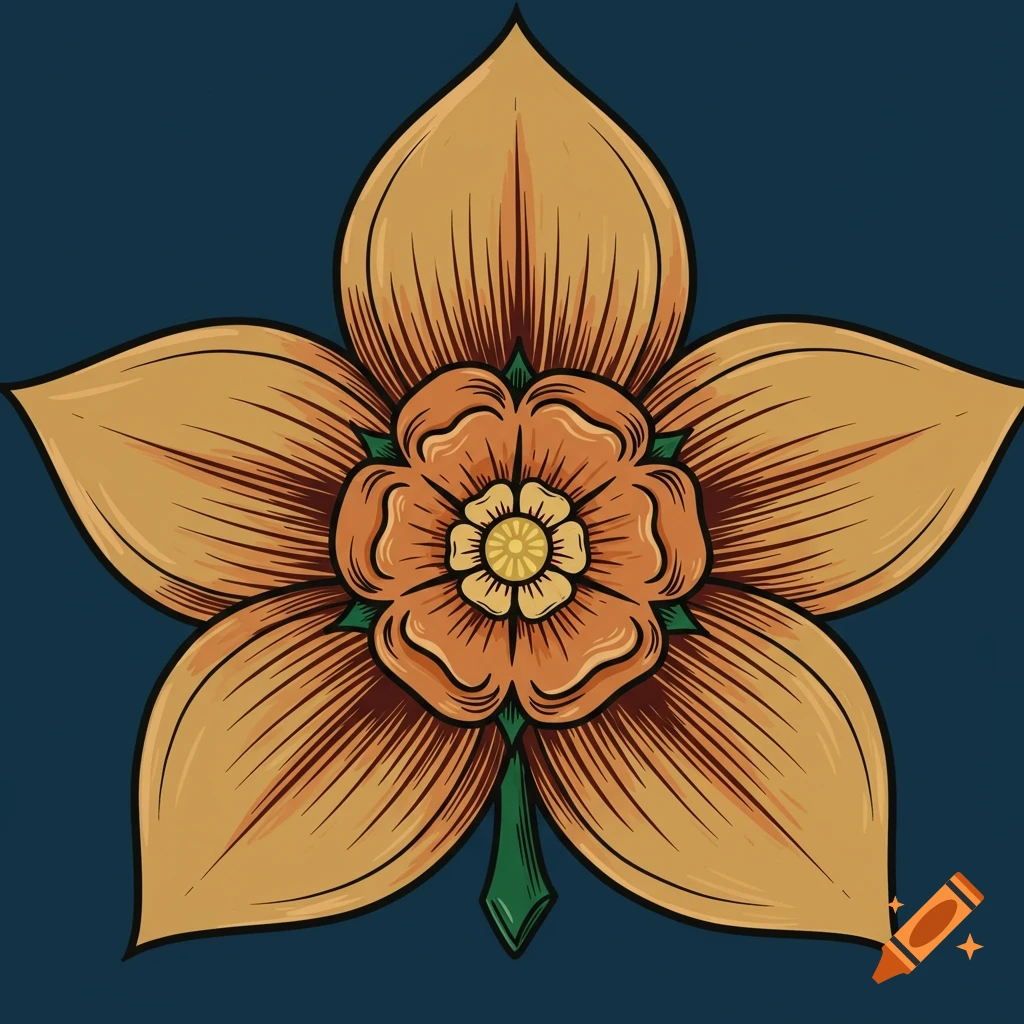 A stylized illustration of a flower in a heraldry style, featuring a central rose-like structure within five larger petals.