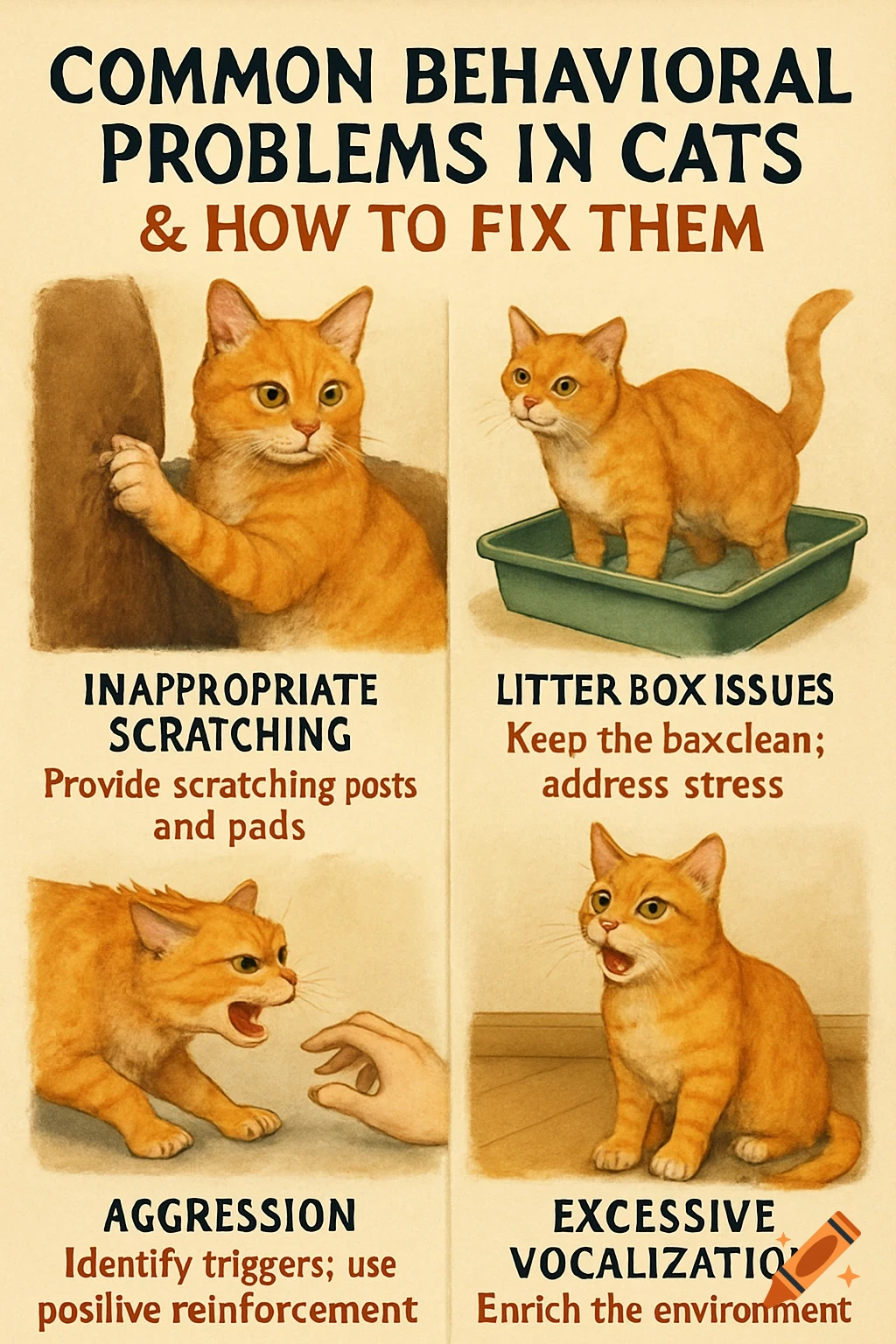 Poster with illustrations of cats depicting common behavioral problems ...
