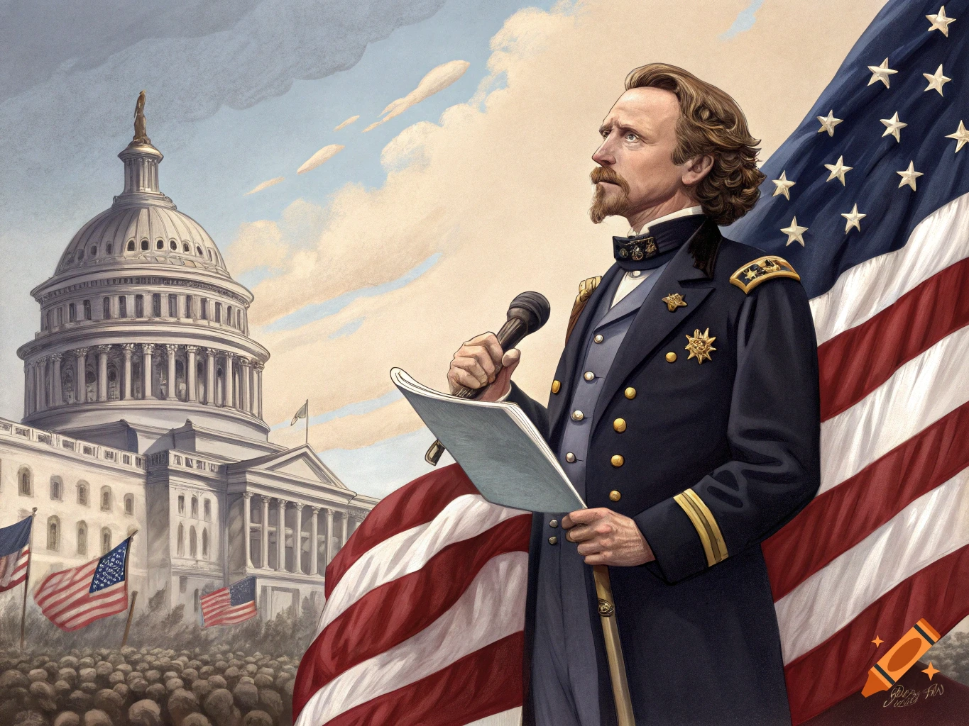 Man in historical uniform speaks at microphone in front of US Capitol building and crowd with American flag.