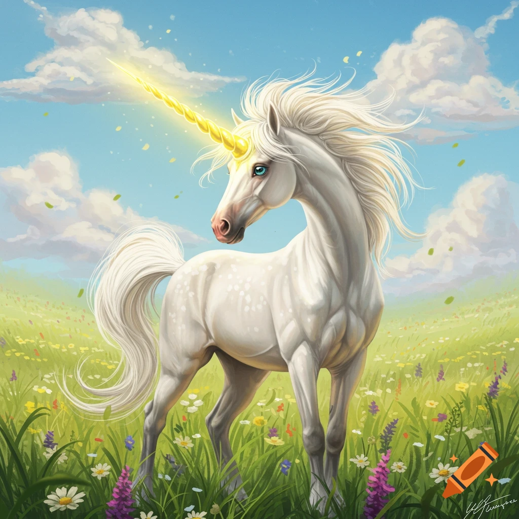 A white unicorn with a shiny golden horn stands in a field of wildflowers under a blue sky.