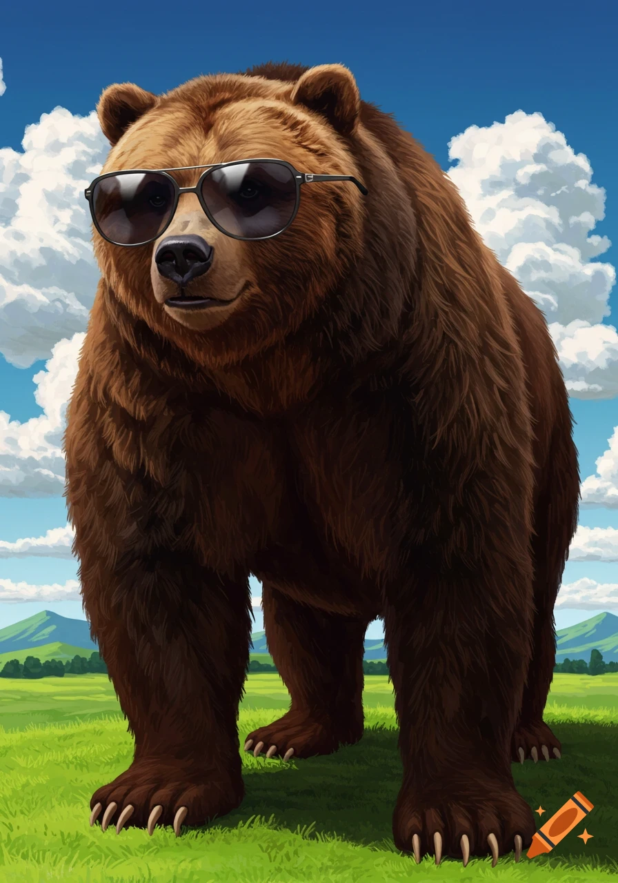 Illustration of a brown bear wearing sunglasses standing in a grassy field.