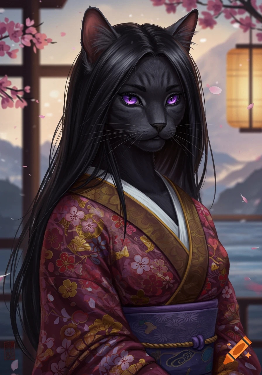 A black cat person with purple eyes wearing a floral kimono in a Japanese setting.