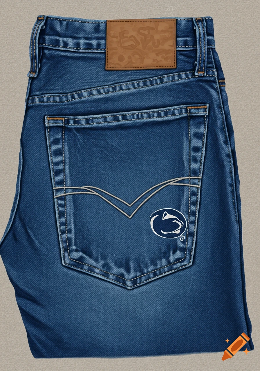 Close-up view of the back pocket of blue jeans featuring a white Penn State logo