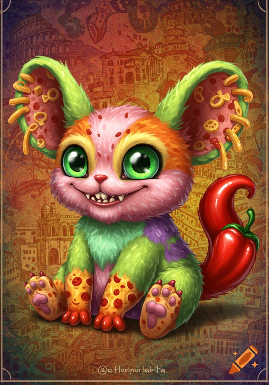 A colorful fantasy creature with pizza ears and paws and a pepper tail, in front of an Italian background.