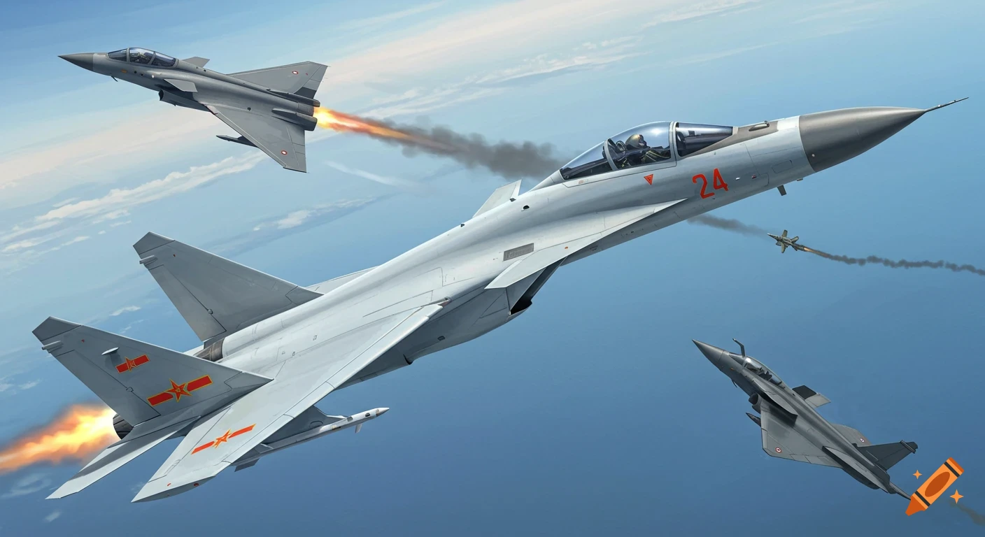 Fighter jets flying in a blue sky, one trailing smoke.