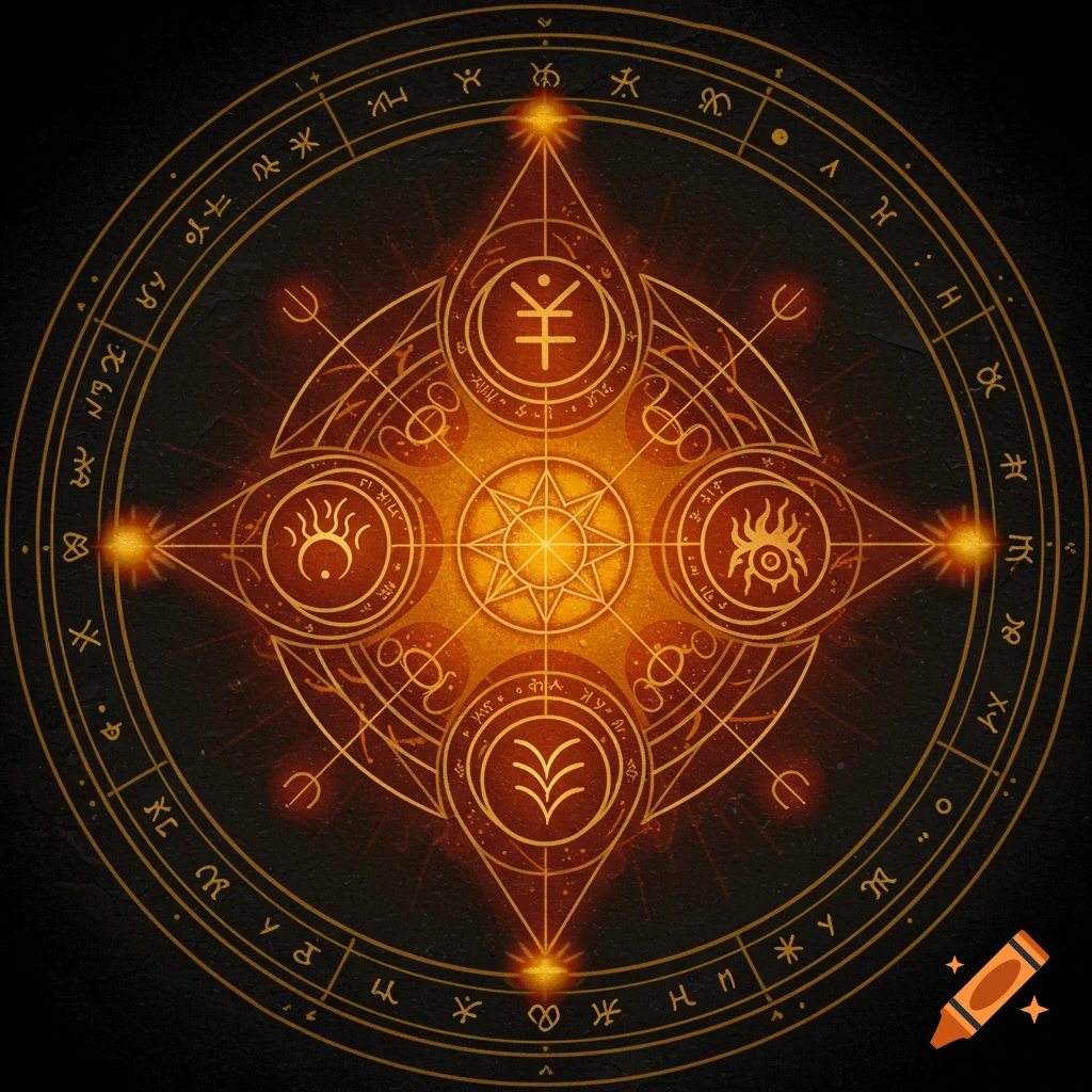 Golden glowing alchemical or magical seal with various symbols and runes on a dark background.