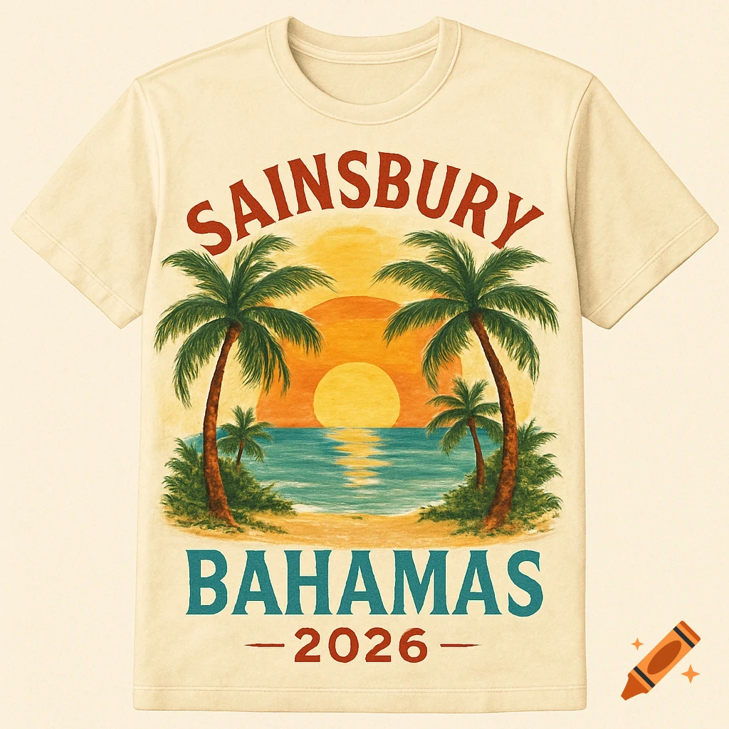 Vintage tropical t-shirt design with beach sunset, palm trees, and text 'SAINSBURY BAHAMAS 2026'