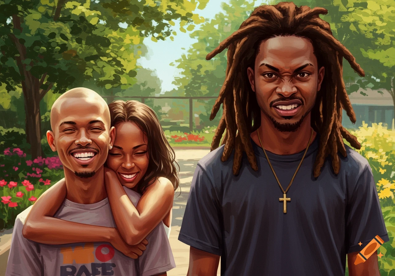 Three people in a park, a smiling couple embracing while another man looks on jealously, illustration style.