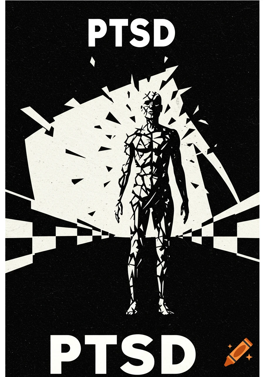 Black and white graphic of a person's silhouette shattering, with the text "PTSD" at the top and bottom.