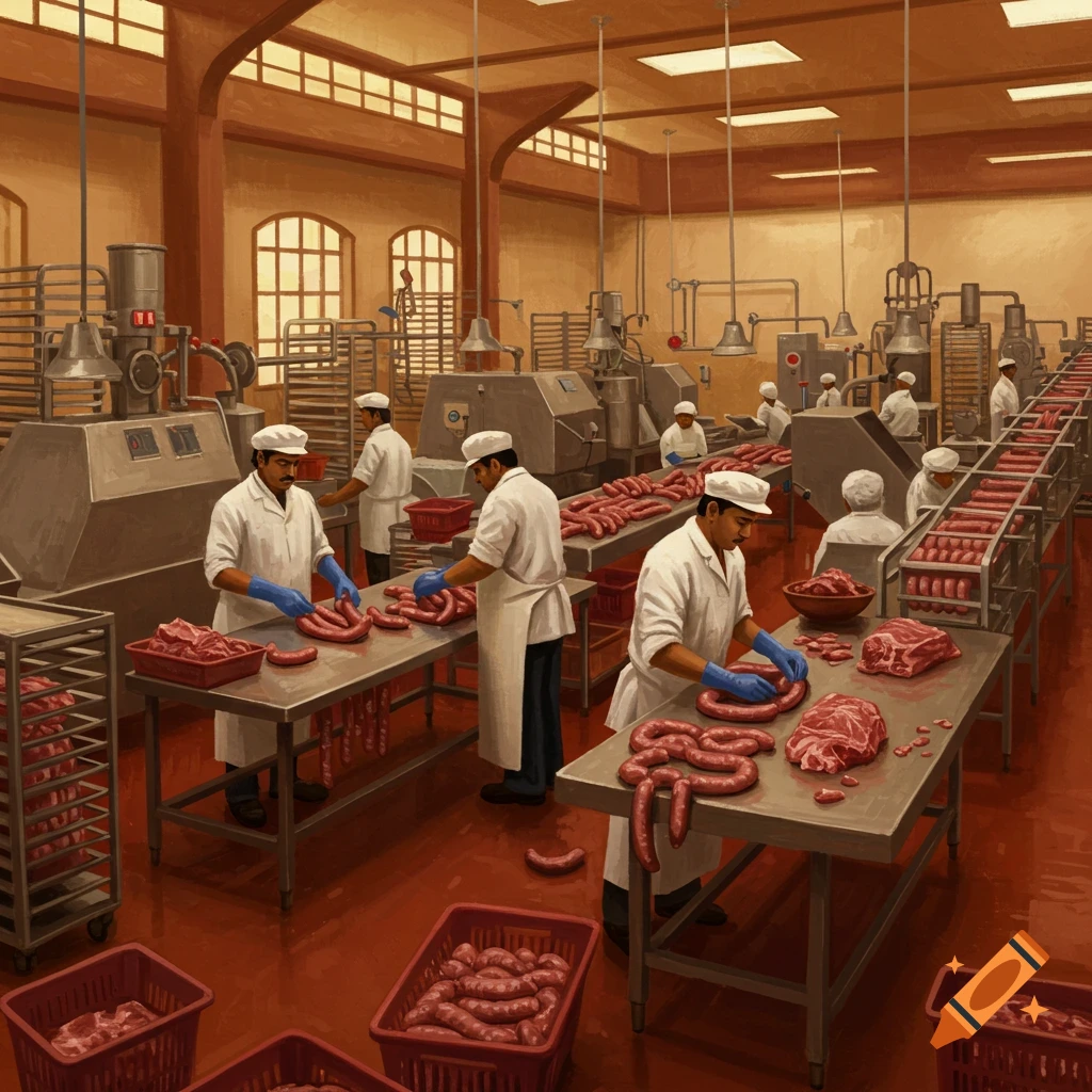 Illustration of workers in a sausage factory processing meat on tables and conveyor belts.