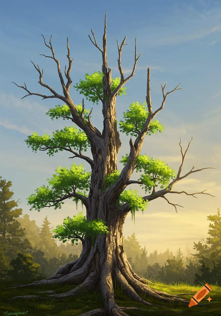 Large old tree with new green leaves in a sunny forest landscape, digital painting.