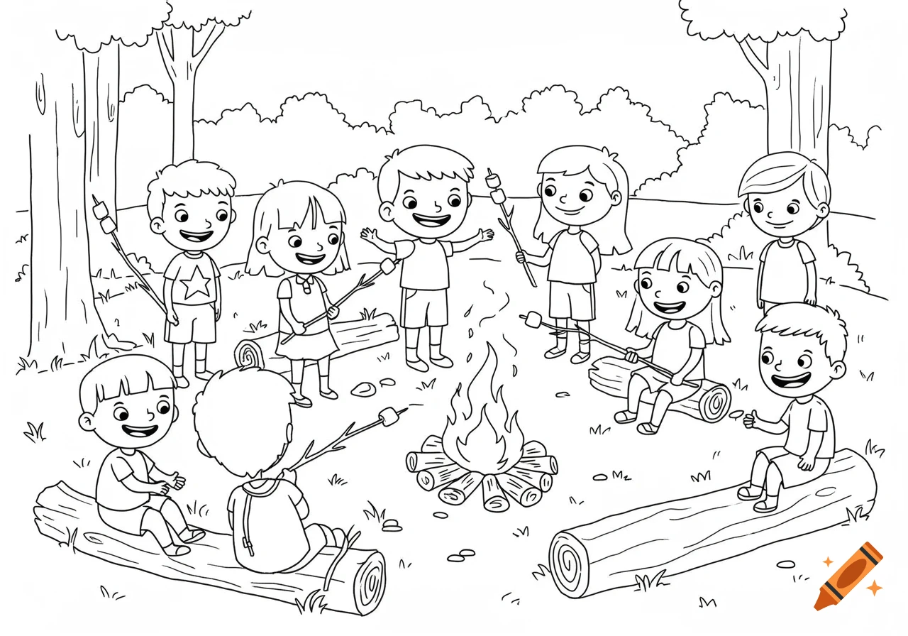 Black and white line drawing coloring page of kids roasting marshmallows around a campfire