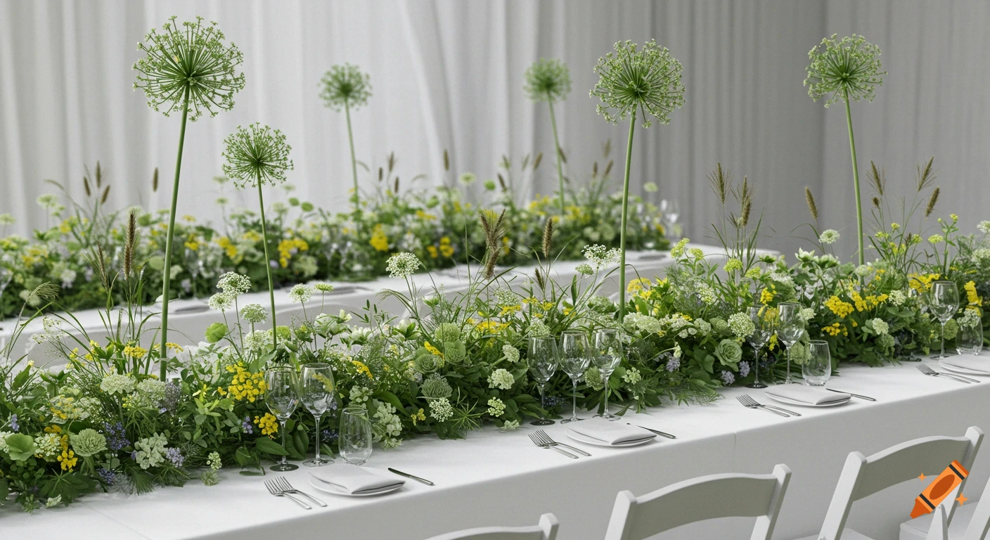 A long wedding table is decorated with a lush runner of white, green, and yellow wild flowers and tall sculptural alliums.