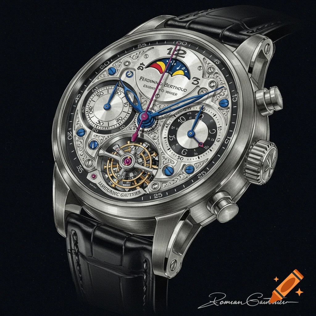 Detailed illustration of a luxury watch with multiple dials and a tourbillon.