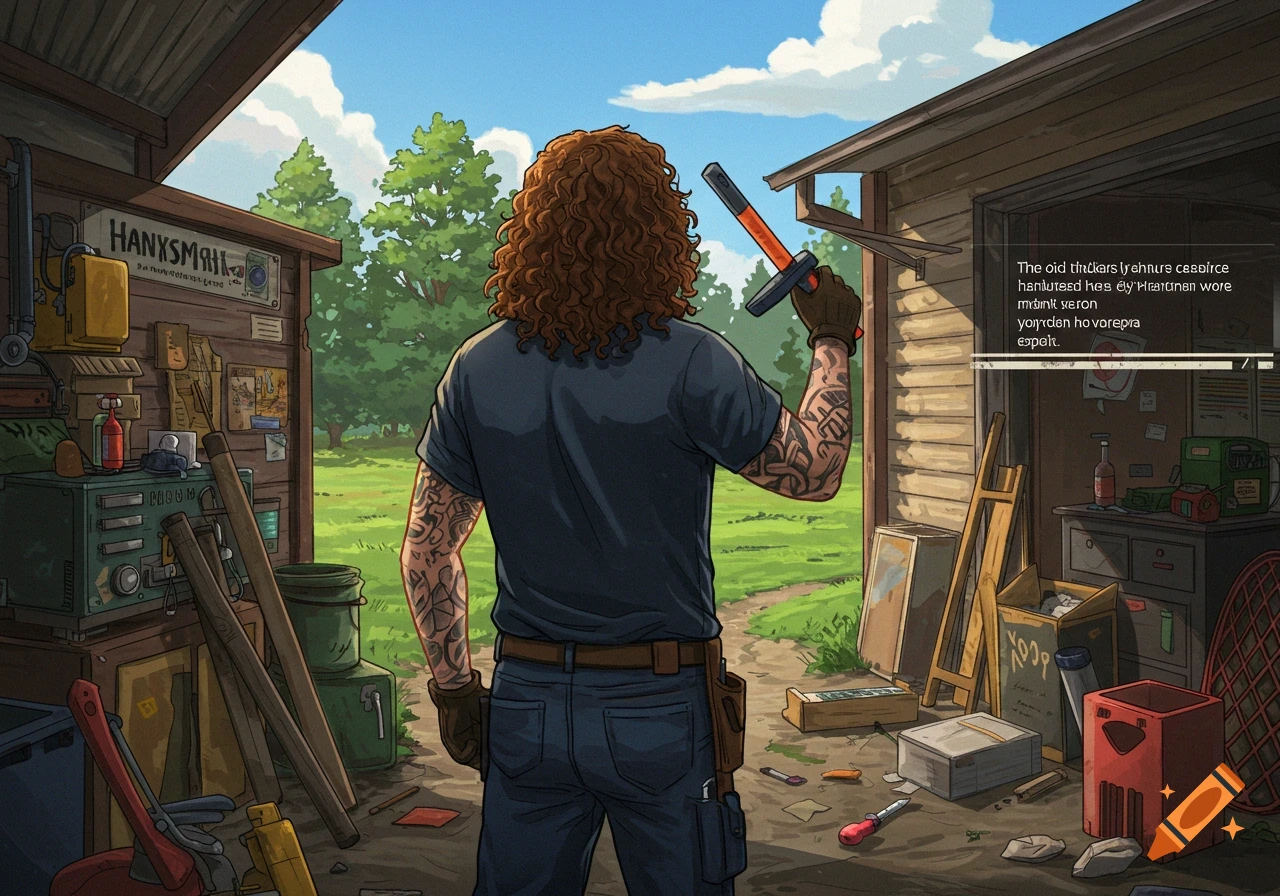 Illustration of a man with long curly hair and tattooed arms standing in a messy shed, holding a tool and looking at a yard.