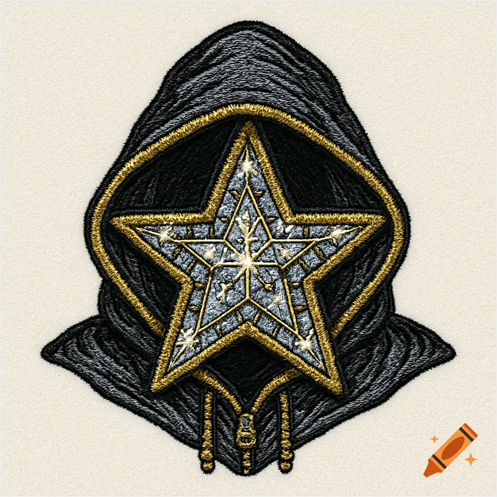 A black hooded figure featuring a sparkling gold and silver star emblem on the chest, rendered in an embroidery style.
