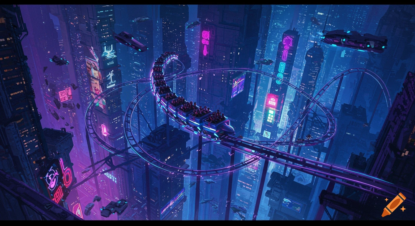 A cyberpunk cityscape with a rollercoaster track winding between tall buildings and flying vehicles.