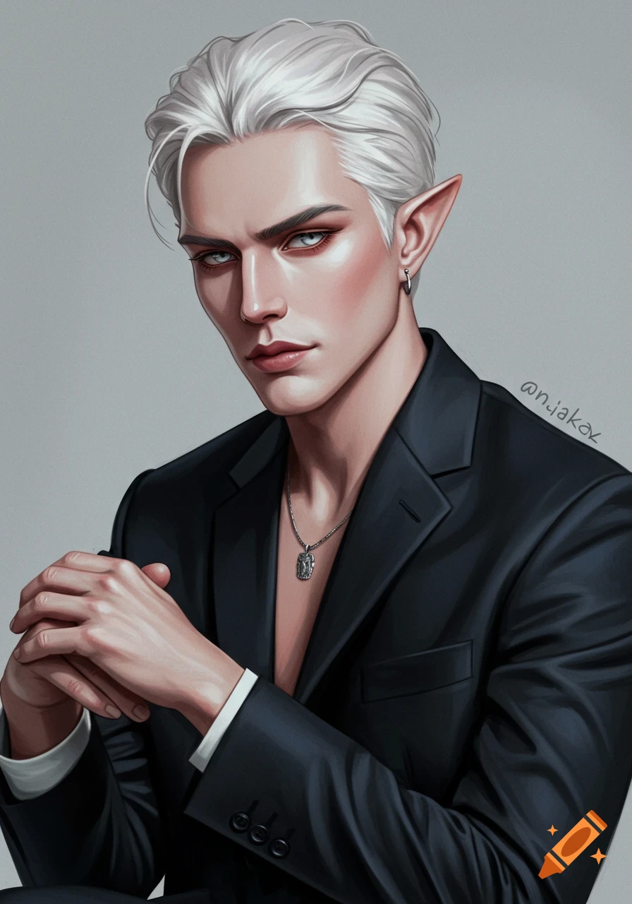 A handsome fantasy portrait of a man with white hair and pointed ears ...