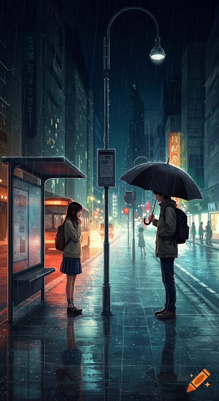 Anime style illustration of two people sharing an umbrella at a bus stop on a rainy city street at night.