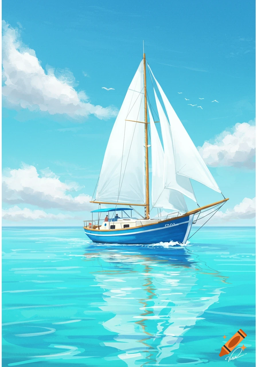 Blue and white sailboat on bright blue water with sails up under a cloudy sky, illustration.