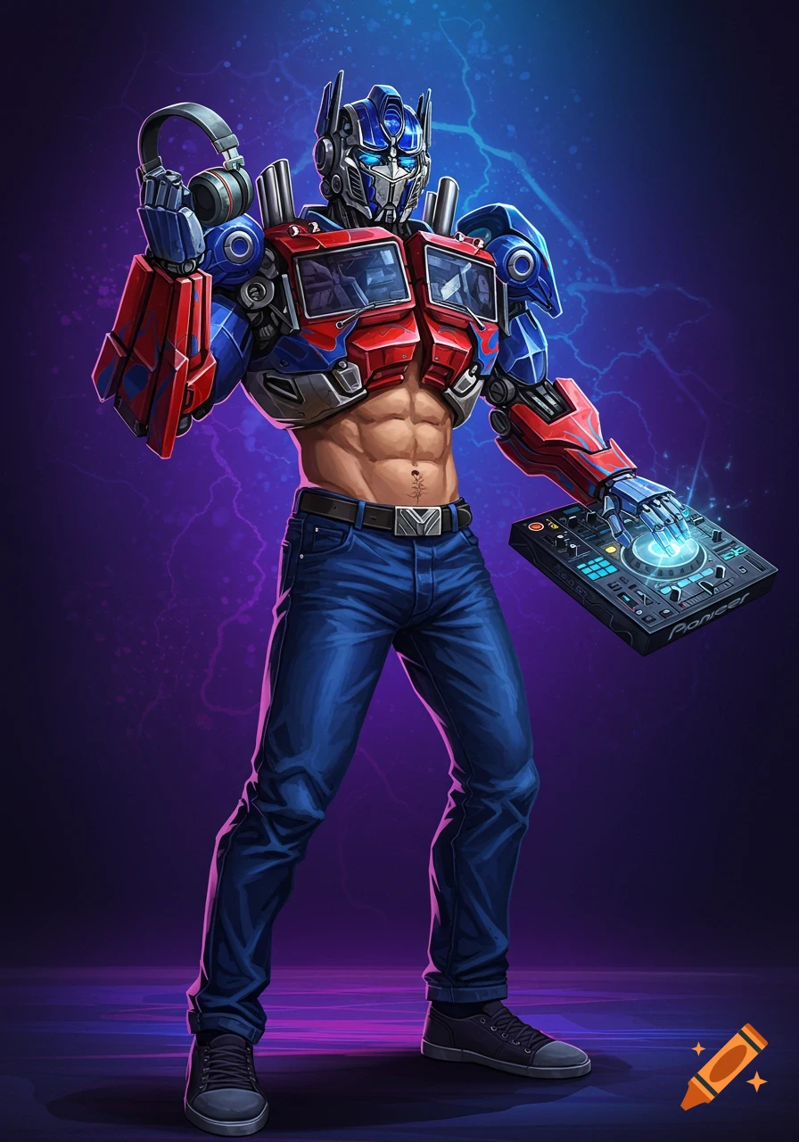 Half Optimus Prime, half human DJ with muscular torso and jeans holds headphones and uses a mixer.