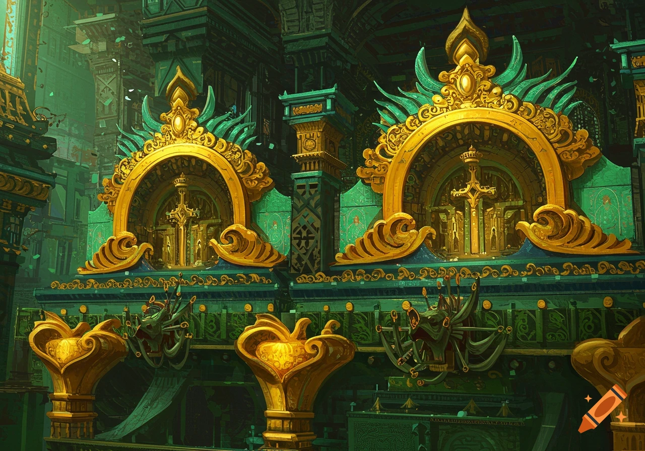 Ornate green and gold fantasy architecture with intricate details