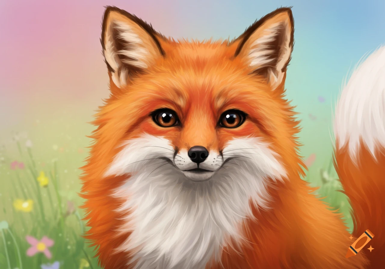 Close-up illustration of a fox with a soft colorful background