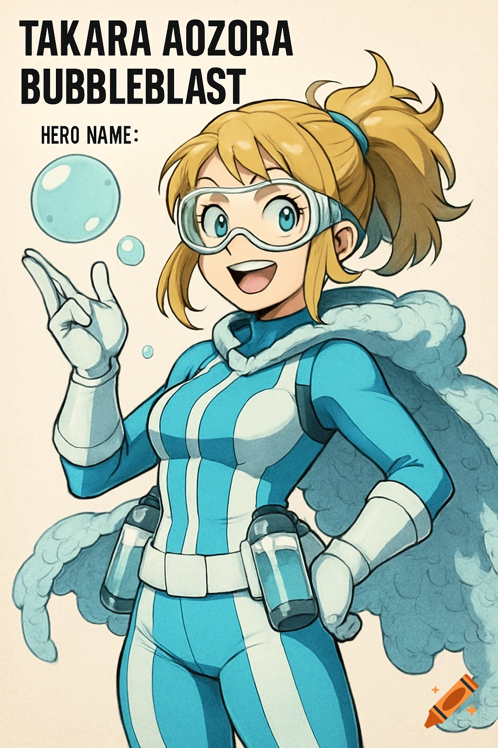 Anime-style superhero character in blue and white suit with text 'TAKARA AOZORA BUBBLEBLAST HERO NAME:'