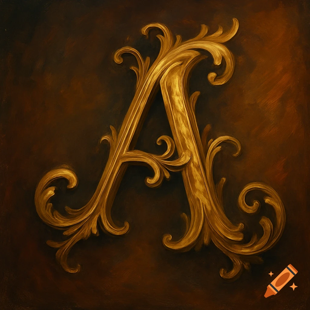 Ornate golden letter A on a dark background