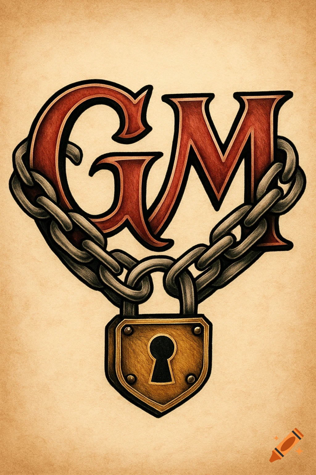 GM letters in tattoo style with chain and lock