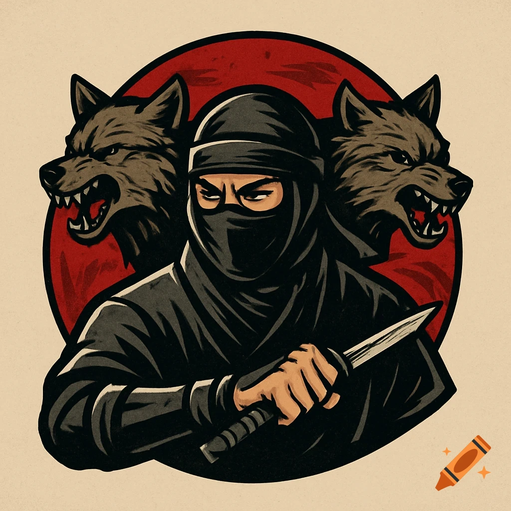 Logo illustration of a ninja with a knife and two wolves behind him.