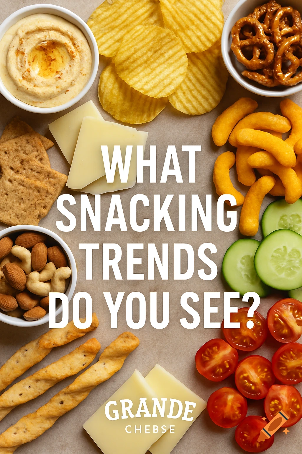 A flat lay of various snacks including hummus, chips, pretzels, cheese, nuts, vegetables, and breadsticks, with overlay text.
