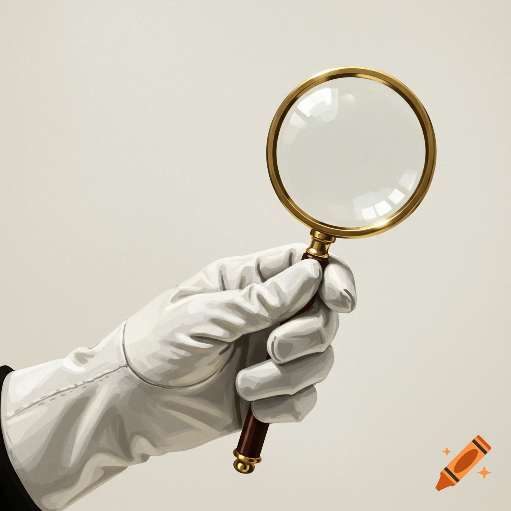 A hand wearing a white glove holds a magnifying glass.