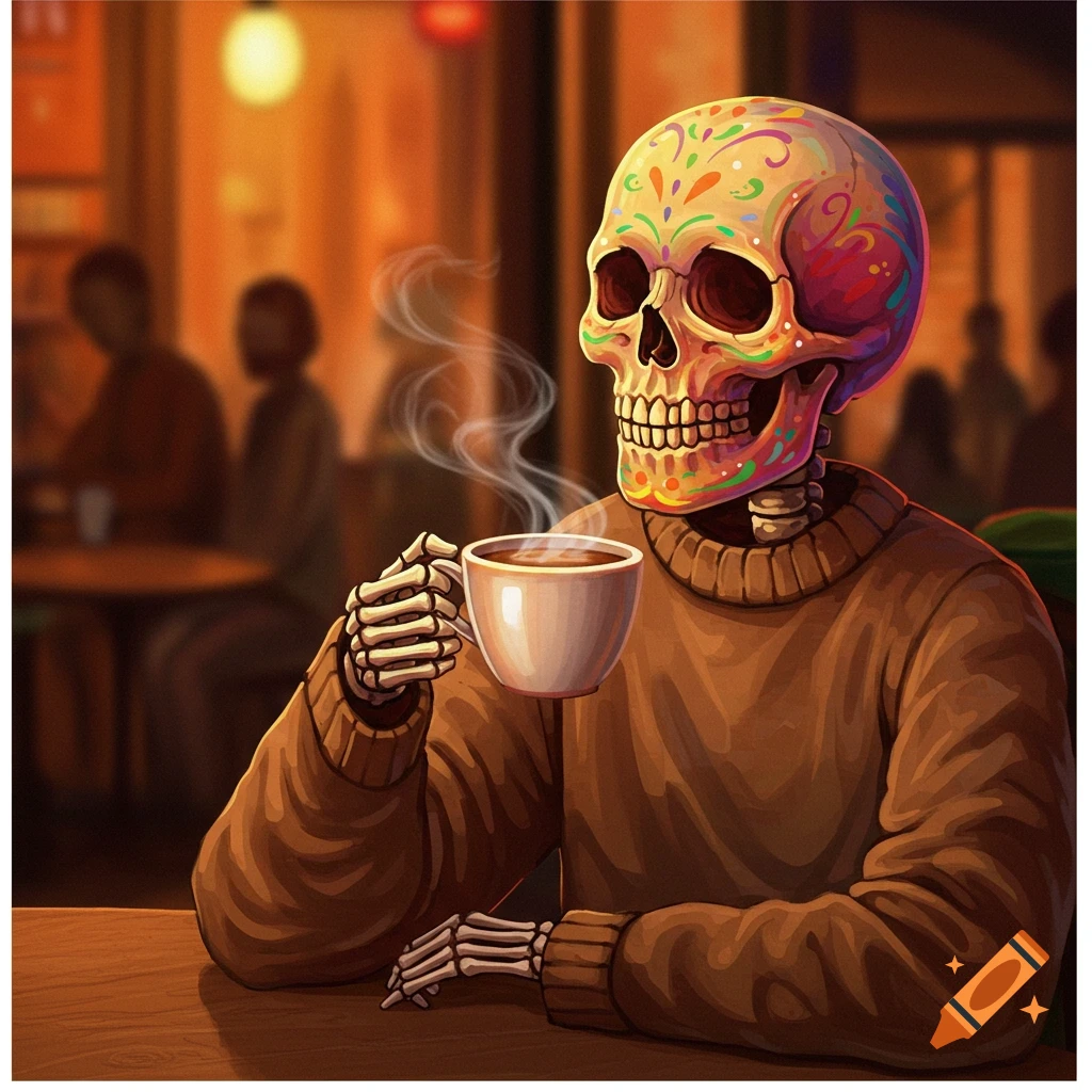 Skeleton with decorated skull drinks coffee in a cafe, illustration style.