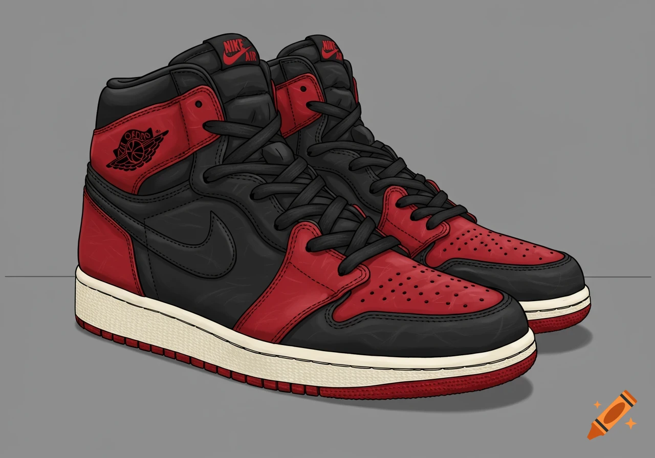 Illustration of red and black Air Jordan 1 sneakers.