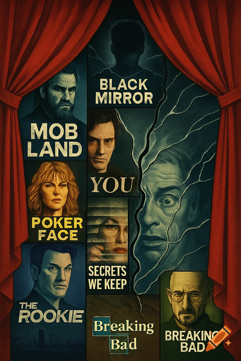A collage of crime show characters and logos behind red curtains, revealing a distorted mirror with a face.