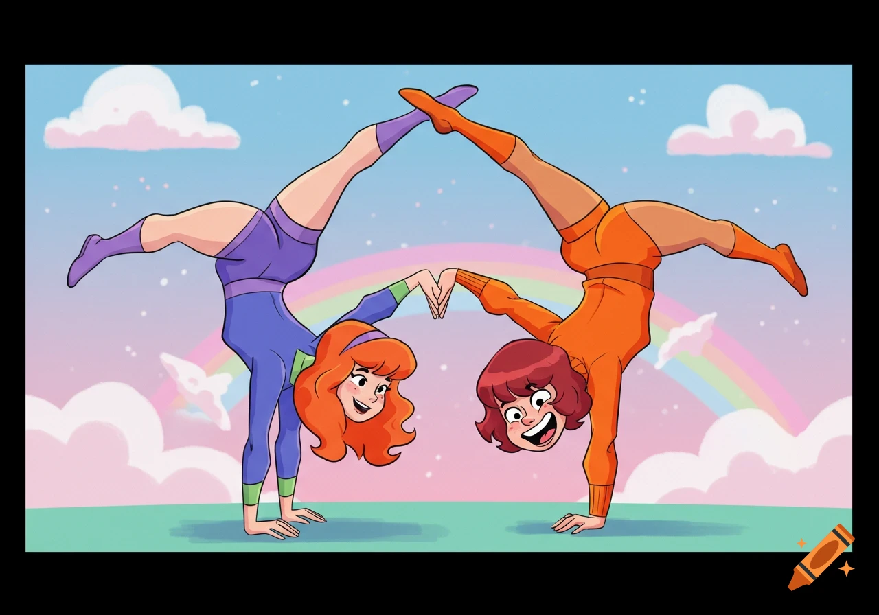 Daphne and Velma from Scooby Doo doing handstands in a cartoon style