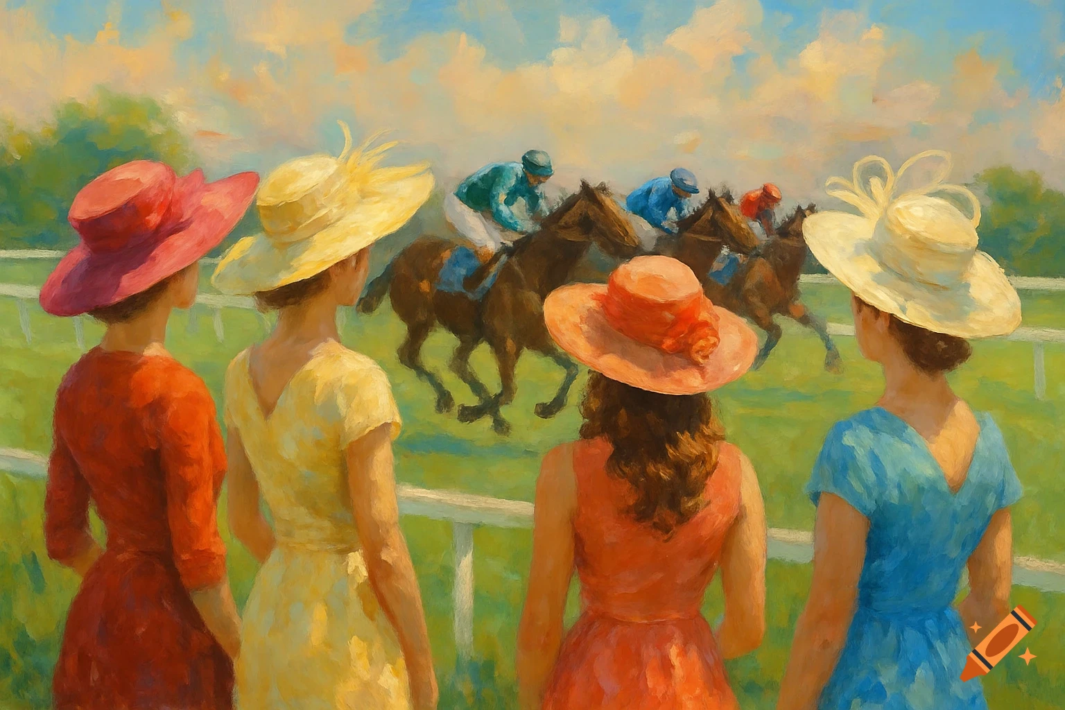 Four women in hats watch a horse race in an impressionistic painting.