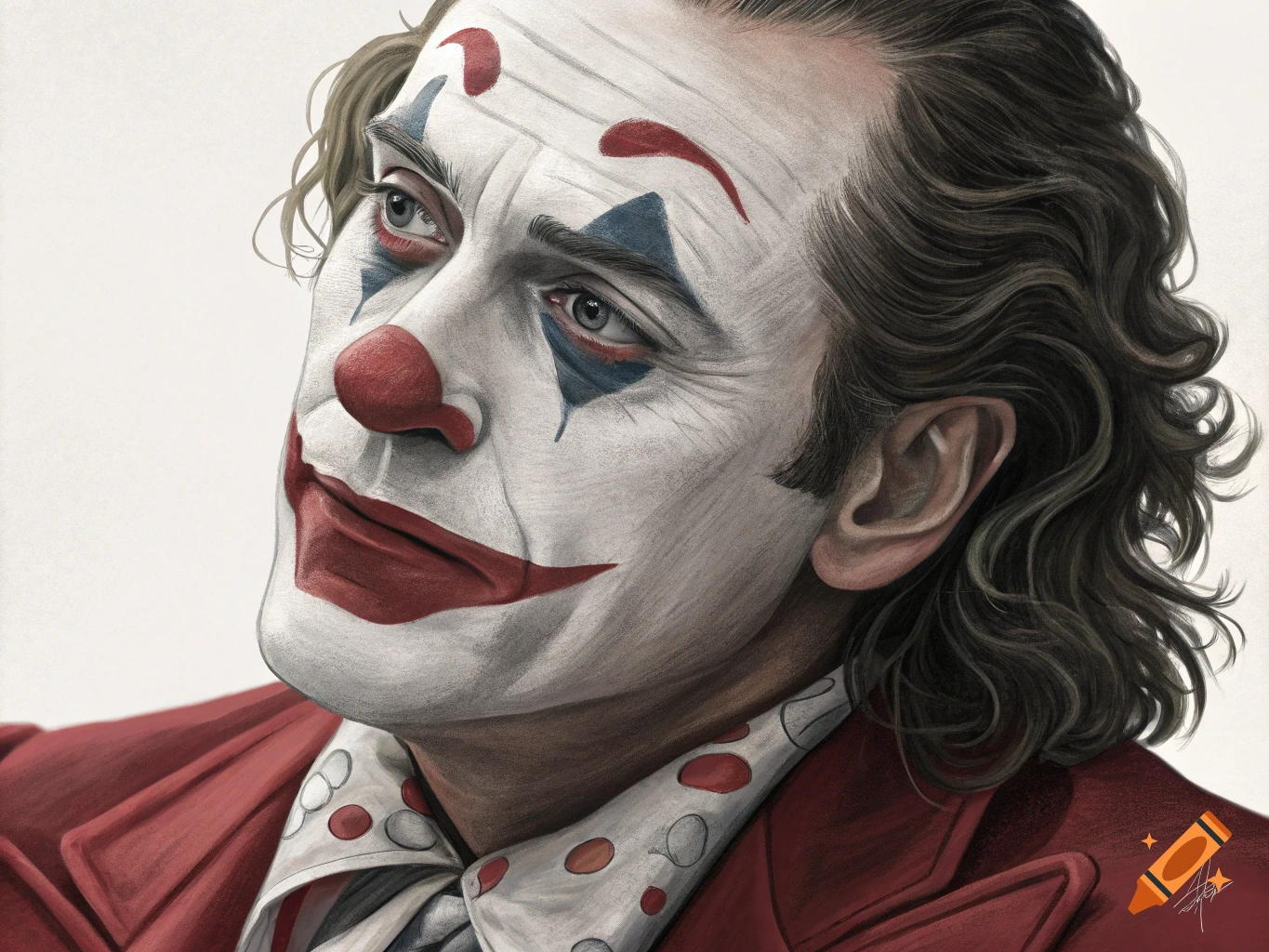 Realistic portrait of a person in whiteface clown makeup and red jacket