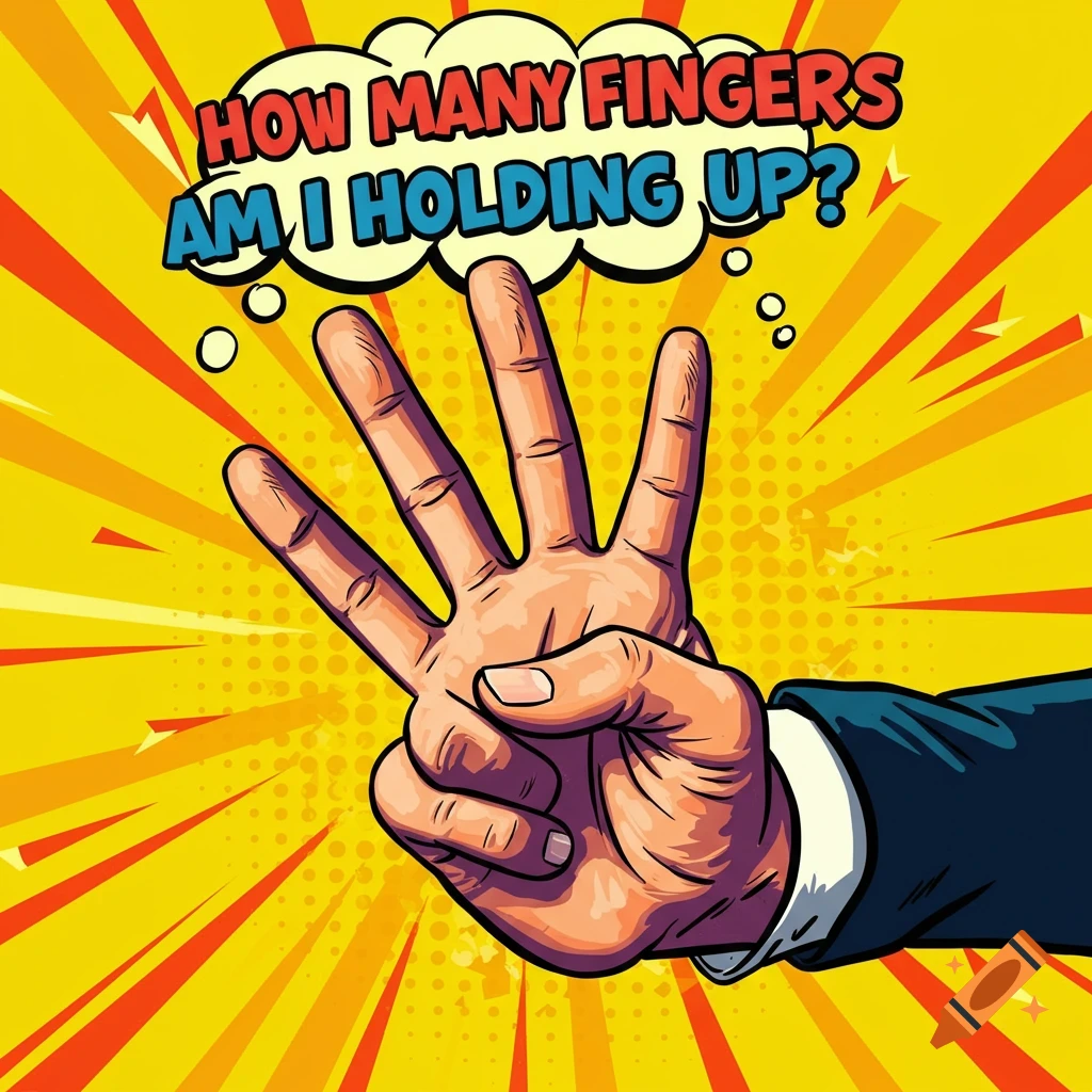 Pop art illustration of a hand holding up four fingers, with a speech bubble saying "HOW MANY FINGERS AM I HOLDING UP?".