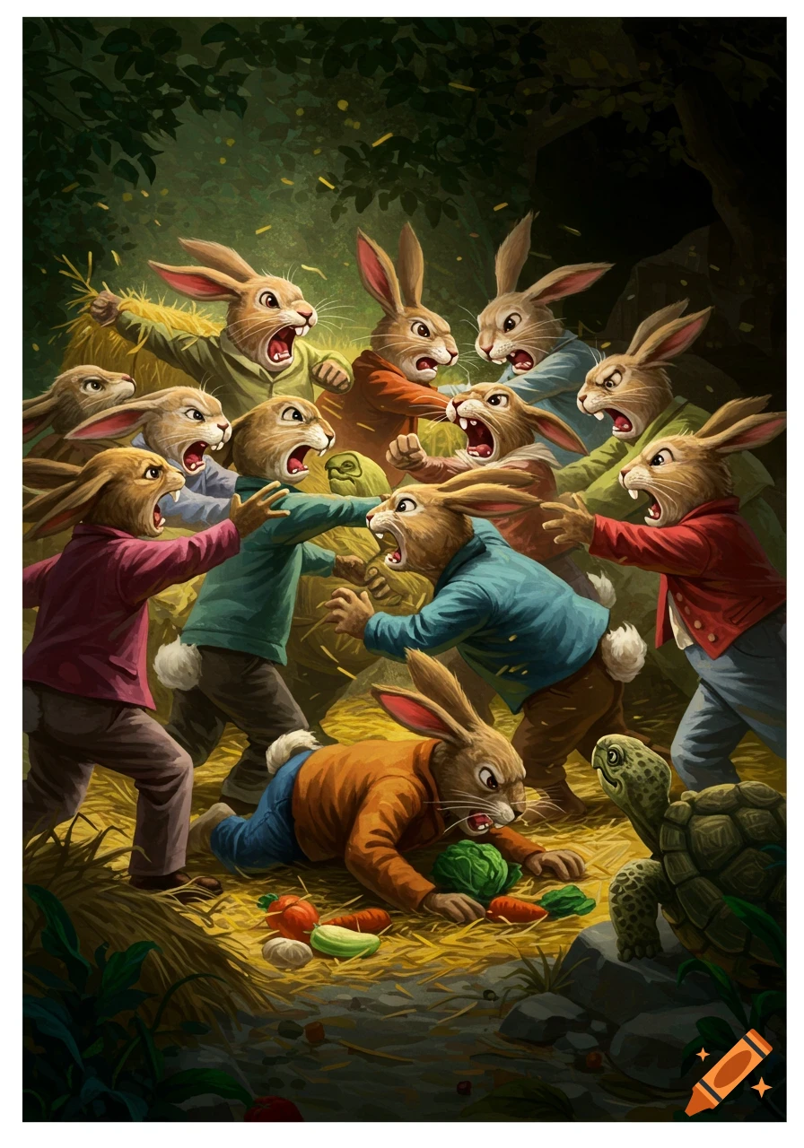 Anarchist Rabbit Illustration of anthropomorphic rabbits fighting over vegetables while ...
