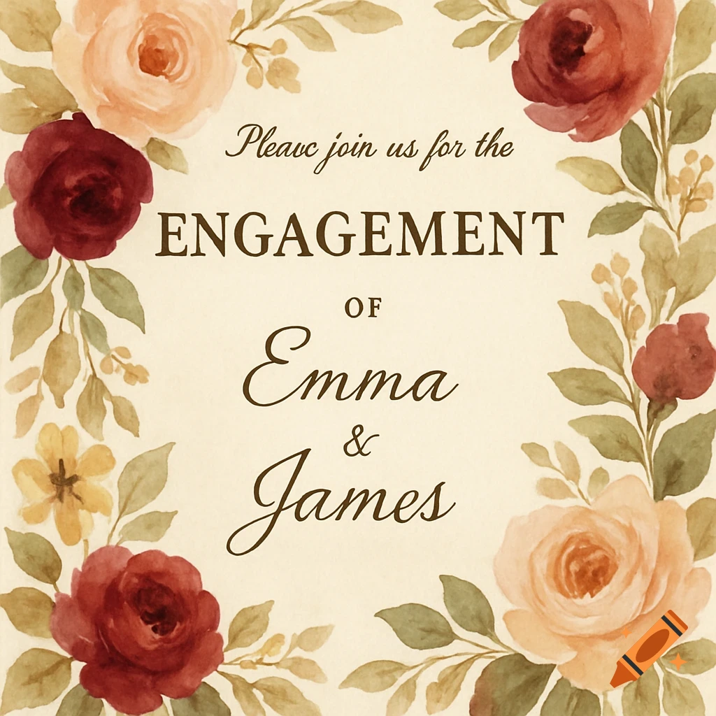 Watercolor engagement invitation with floral border featuring pink and red roses and leaves.