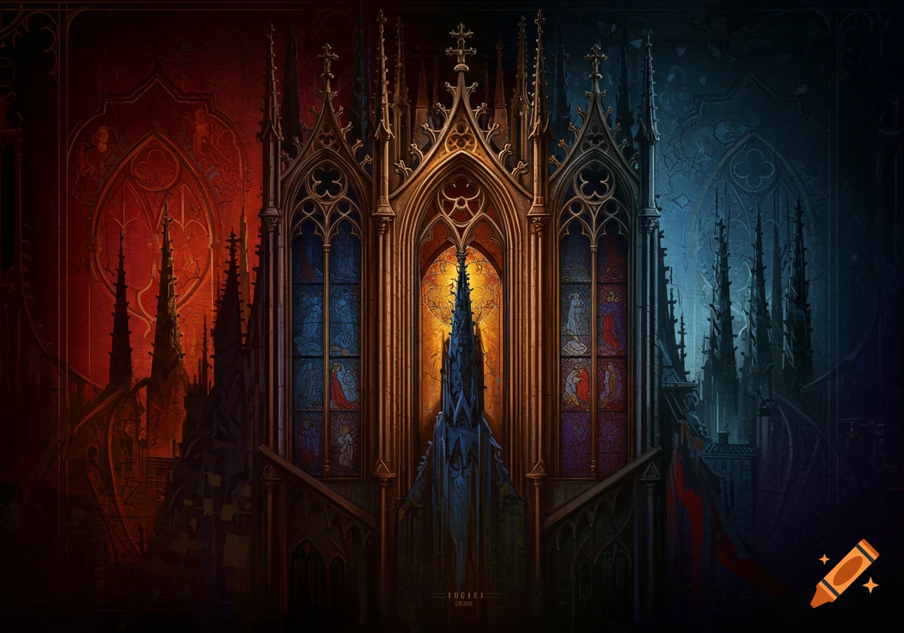 Dramatic gothic interior with towering spires and stained glass windows, split into red/gold and blue sections.