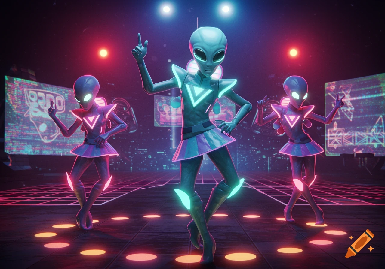 Three alien figures in neon outfits dance on a synthwave stage in PlayStation 2 style 3D graphics.