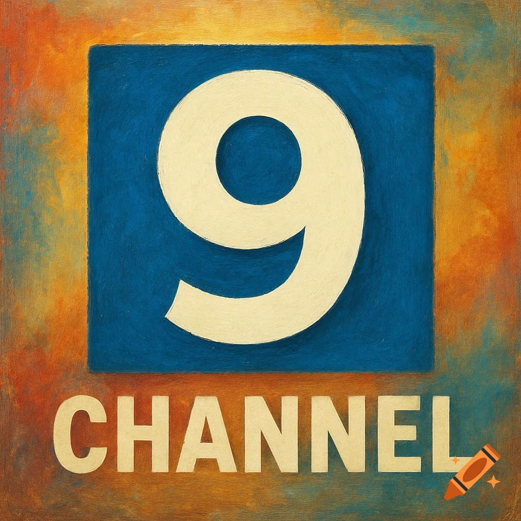 A stylized logo in a painterly style featuring a large white number 9 on a blue square background, with the word CHANNEL below it, set against an orange and yellow textured border.