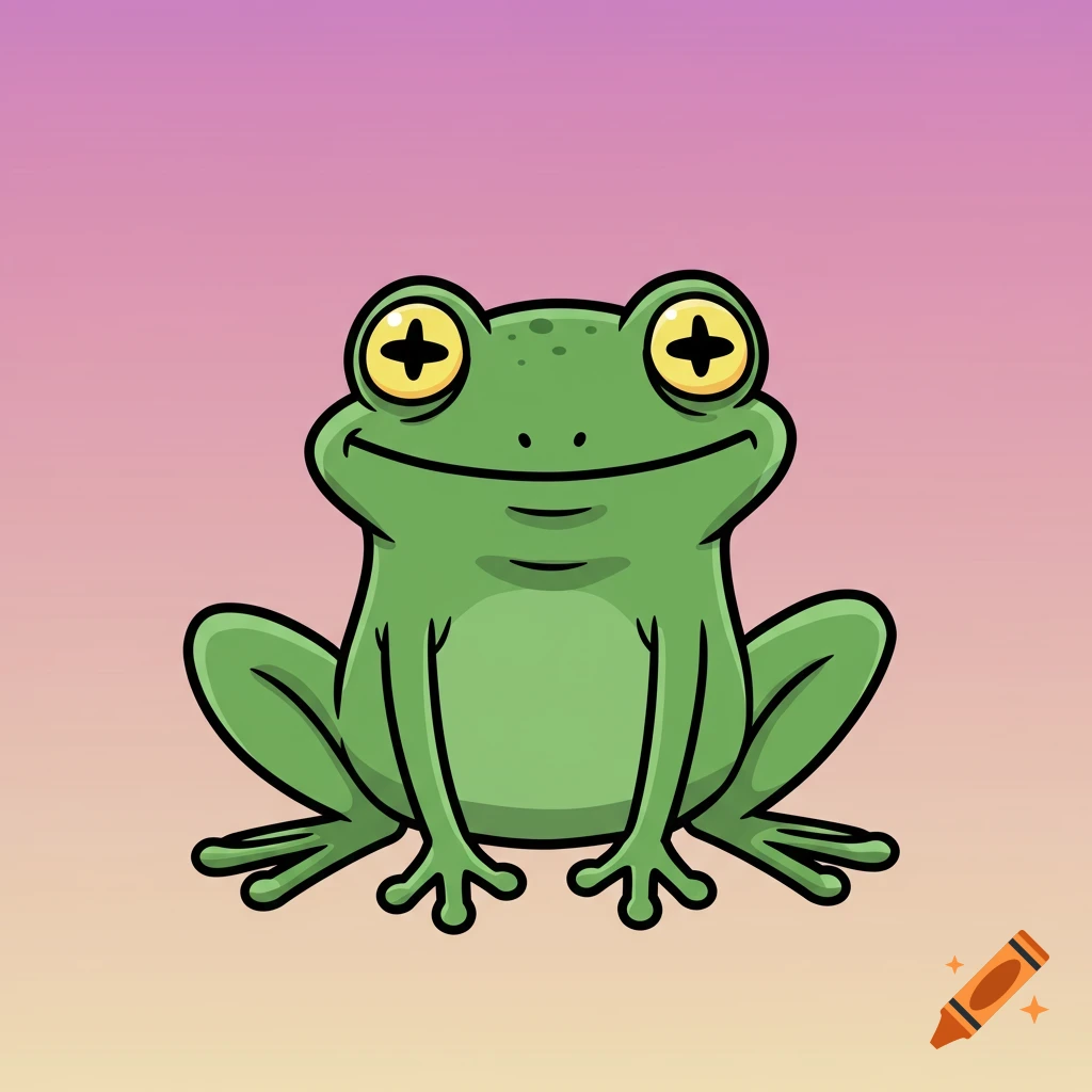 A cartoon frog with big eyes and a smile sits against a gradient background.