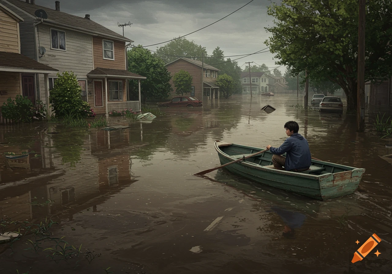 A person rows a small boat down a flooded residential street past houses and submerged cars.